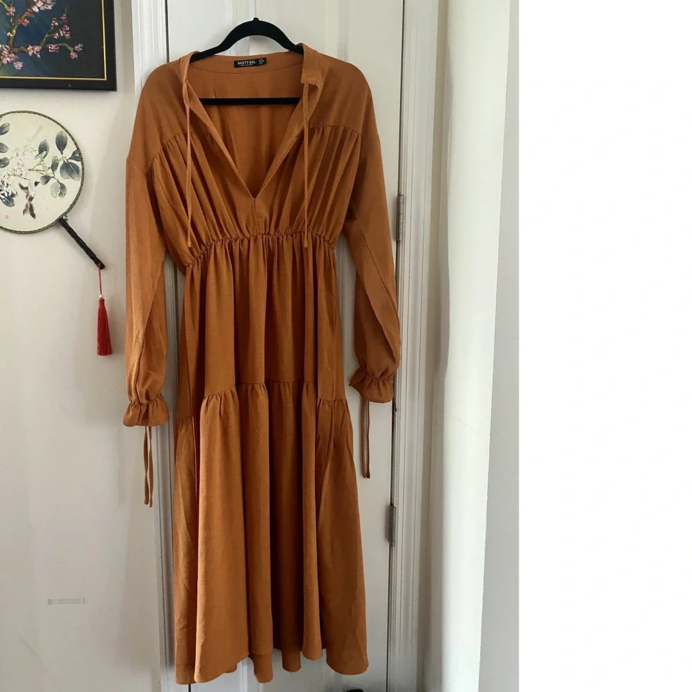 NASTY GAL Orange/Bronze/Sienna V-Neck Maxi-Dress (Size 6US) - Picture 1 of 10